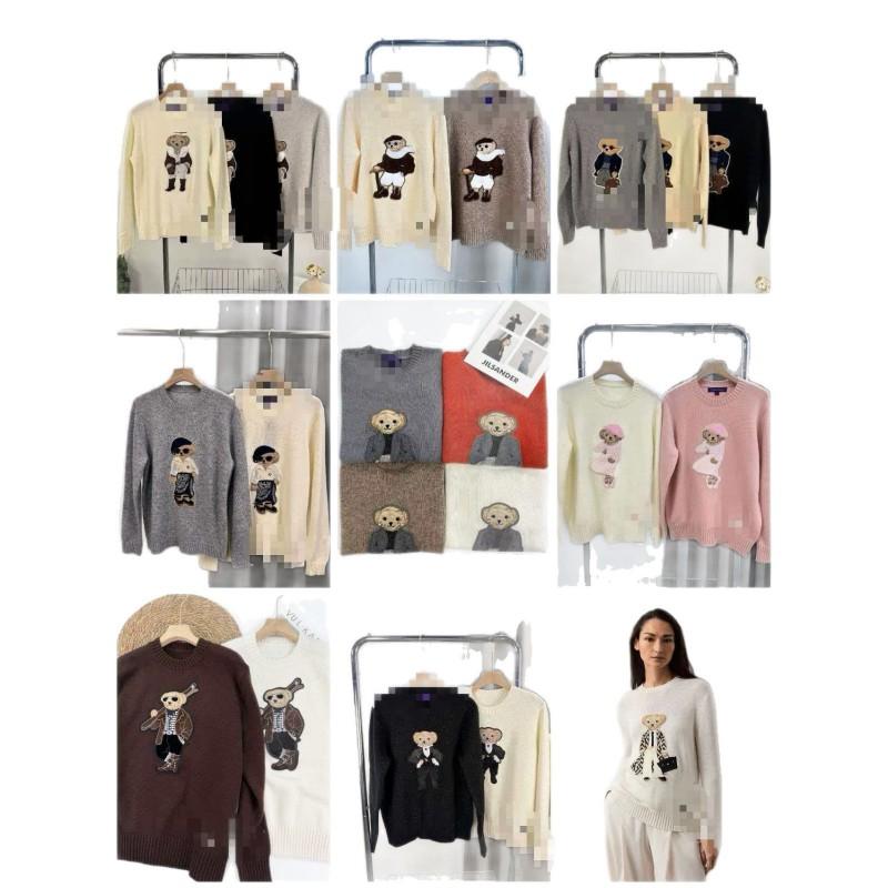 Custom Womens Cotton Blend Sweater 3D Cartoon Bear Embroidery Crew Neck Long Sleeve Fall Winter Top