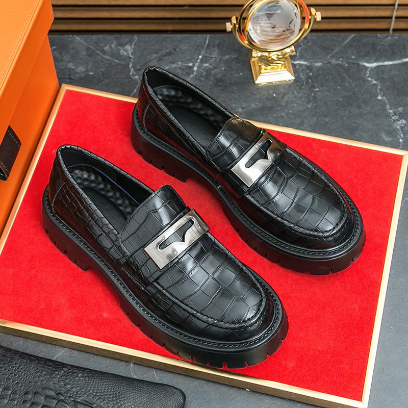 Men's Glossy Leather Thick-Soled Loafers - British Style Slip-On, Large Size, for Spring & Autumn