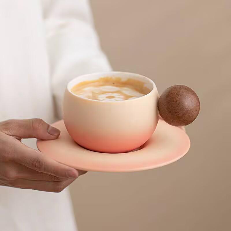 Creative Ceramic Coffee Cup And Saucer Set, High-Value Gift Box Gift, Special Wooden Handle Coffee Cup Gift