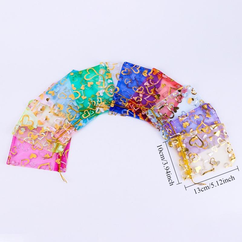 50pcs Polyester Organza Gift Bags, Love Heart Design, for Jewelry and Bead Packaging, with Drawstring Closure