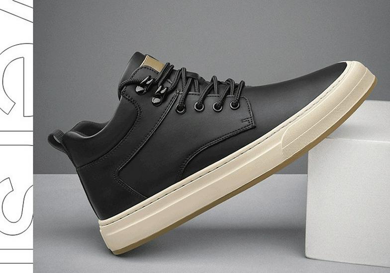 Men's Autumn Invisible Height-Boost 8cm Breathable Cowhide 6-Hole Mid-Top Shoes, British Style Sports Casual Board Sneakers
