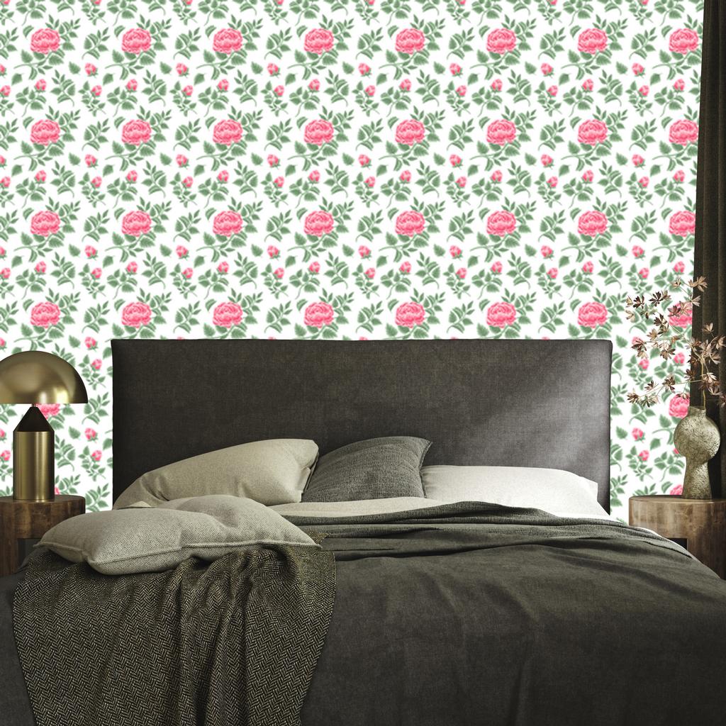 Wallpaper Flowers White, Green and Light Gray for the Living Room and Bedroom 50x1000