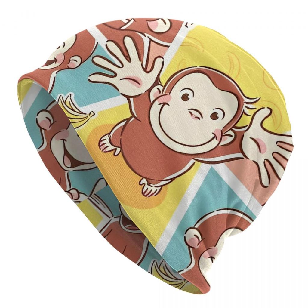 Funny Curious George And Banana Bonnet Hat Cool Outdoor Cartoon Monkey Skullies Beanies Hats Unisexs Womens Warm Dualuse Caps