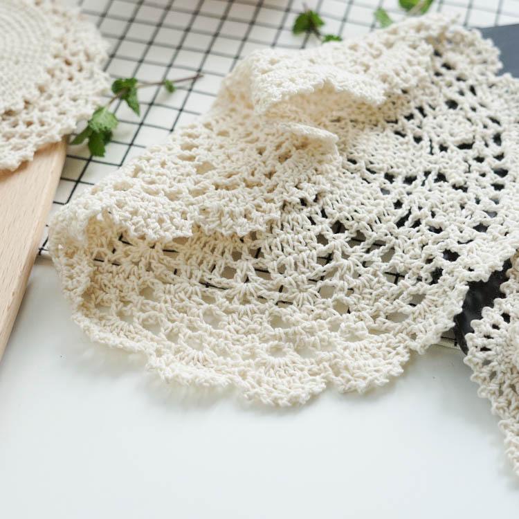 Beige Hand-Crocheted Cotton Fabric Insulation Coaster & Placemat with Large Hollow Lace Design