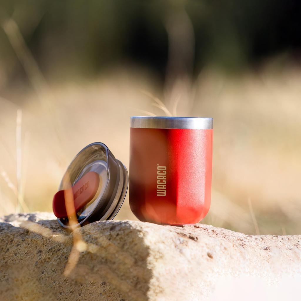 WACACO Octaroma Classico Vacuum Insulated Coffee Stainless Steel Travel Cup with Drinking 6 fl oz Carmine Red Cup, Double-Walled Lid, (180 ml),