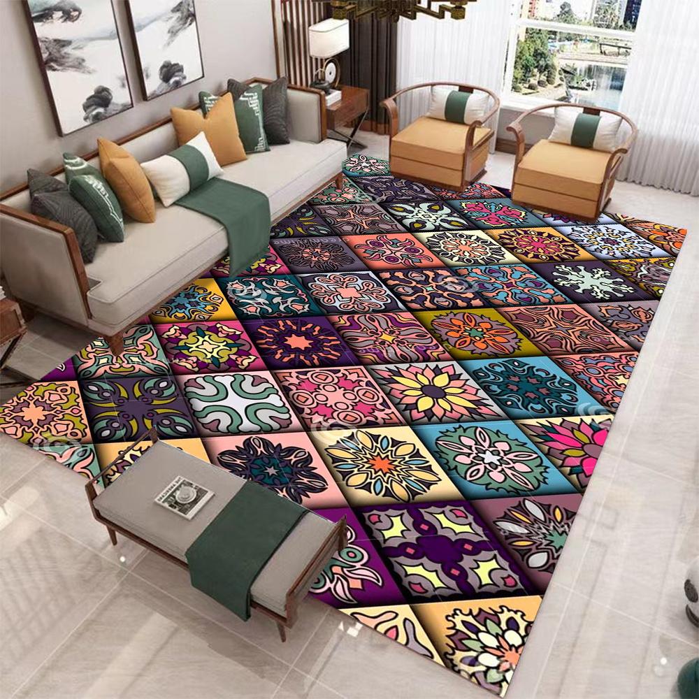 Bohemian Mandala Floral Carpet With Colorful Geometric Collage Design Retro Art Style NonSlip Rug For Living Room Sofa Area
