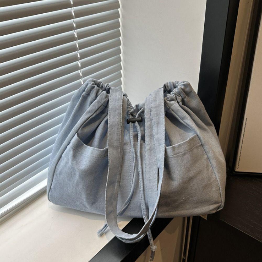 Casual Denim Tote Bag Large Capacity Canvas Bucket Bag Oxford Drawstring Shoulder Bag  Travel