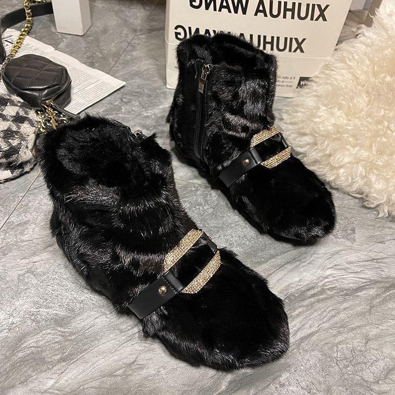 Fashion Winter New Low-heel Snow Boots Women's Fashion Round Head Plush Side Zipper Metal Buckle Anti-slip Wear-resistant Short Boots