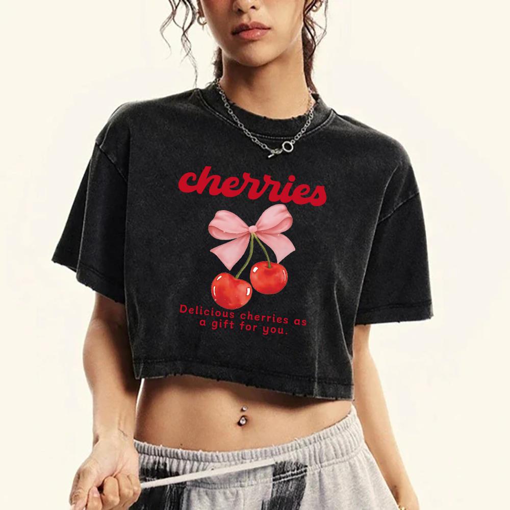 Cherries Bow Cartoon Prints Crop Tee Shirt Women Washed Casual T Shirts Cotton Top Summer Hip Hop Female Short Sleeve