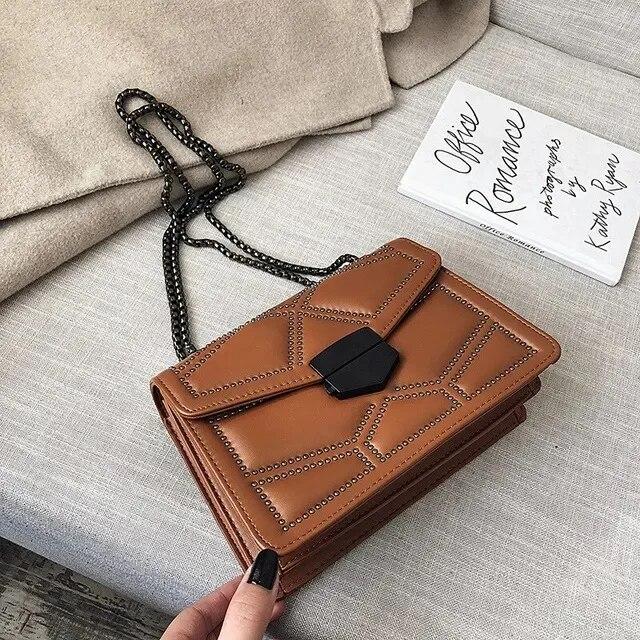 Vintage Rivet Chain Small Shoulder Bags For Women Flap PU Leather Fashion Small Square Crossbody Bag  Handbag