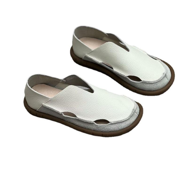 Women Genuine Leather Summer Sandals Retro Round Toe Flat Hollow Out Cowhide Shoes