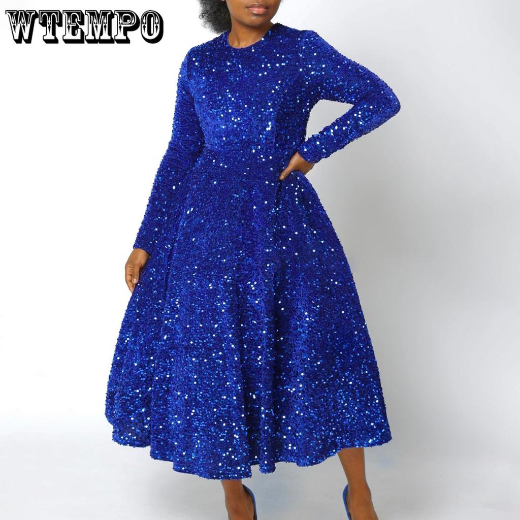 Sukienki damskie z okrągłym dekoltem, długim rękawem, jednolitym kolorem, cekinami, wysokim stanem, o średniej długości