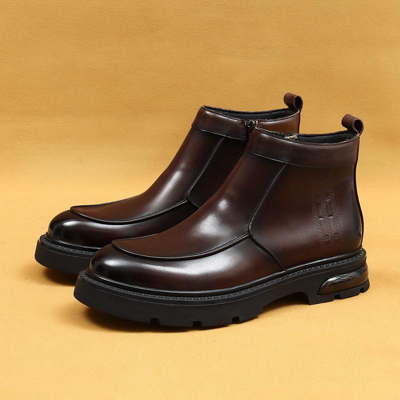 Winter Men'S Chelsea Boots Short Boots Leather Air Cushion Platform Business Casual British Leather Boots