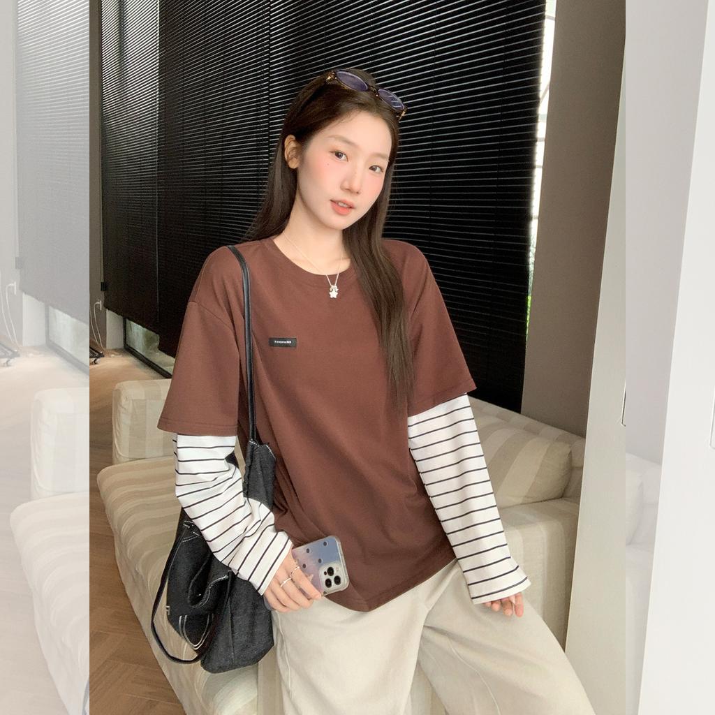Crew neck contrasting stripes splicing fake two-piece long-sleeved T-shirt autumn new inner bottoming shirt design top women