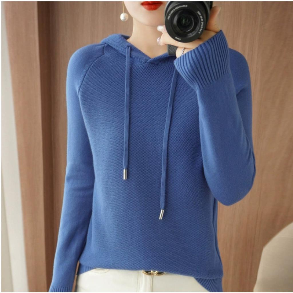 Women's Hooded Long Sleeve Loose Fit Knit Sweatshirt Solid Color Casual Pullover Winter Top