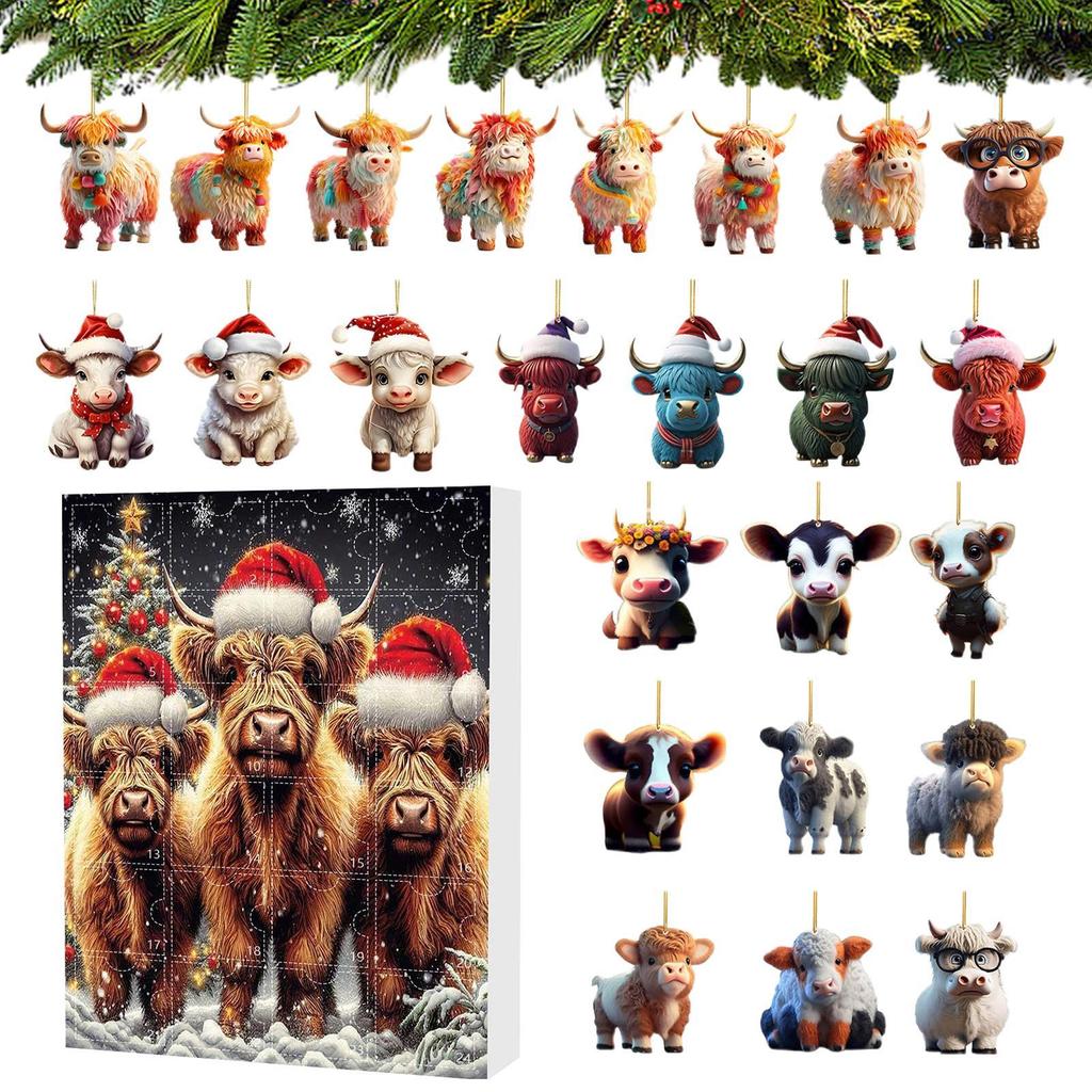 Christmas Advent Calendar 24 Days Highland Cow Ornaments 2D Acrylic Cute Animal Christmas Tree Decorations Xmas Countdown Gifts