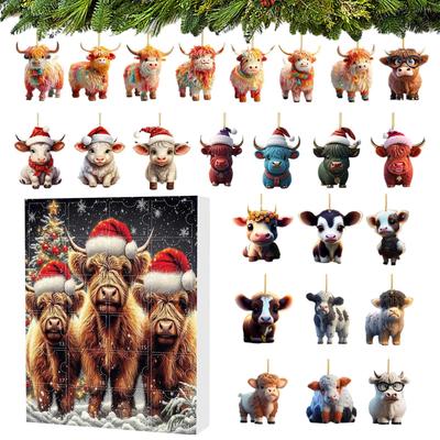 Vánoční adventní kalendář 24 dní Ozdoby Highlandská kráva 2D akryl Roztomilá zvířata Ozdoby na vánoční stromek Vánoční odpočítávání Dárky