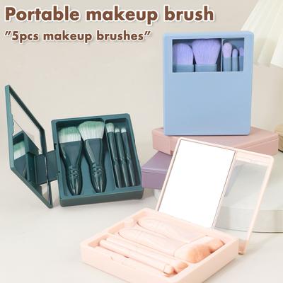 Neues 5-Fenster-Spiegel-Etui, tragbares Reise-Make-up-Pinsel-Set mit Spiegel, weicher Puderpinsel, Lidschattenpinsel