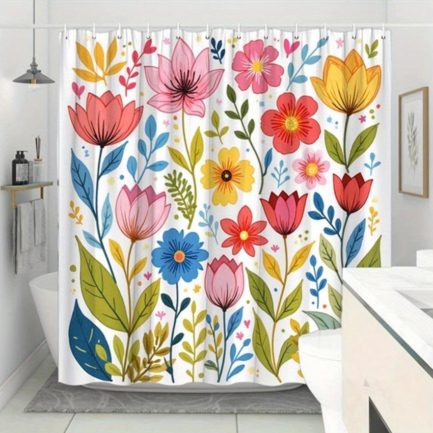 1pc Floral Shower Curtain - Hand-Painted Flowers & Leaves, Polyester, 70.8x70.8", 12 Hooks, Washable