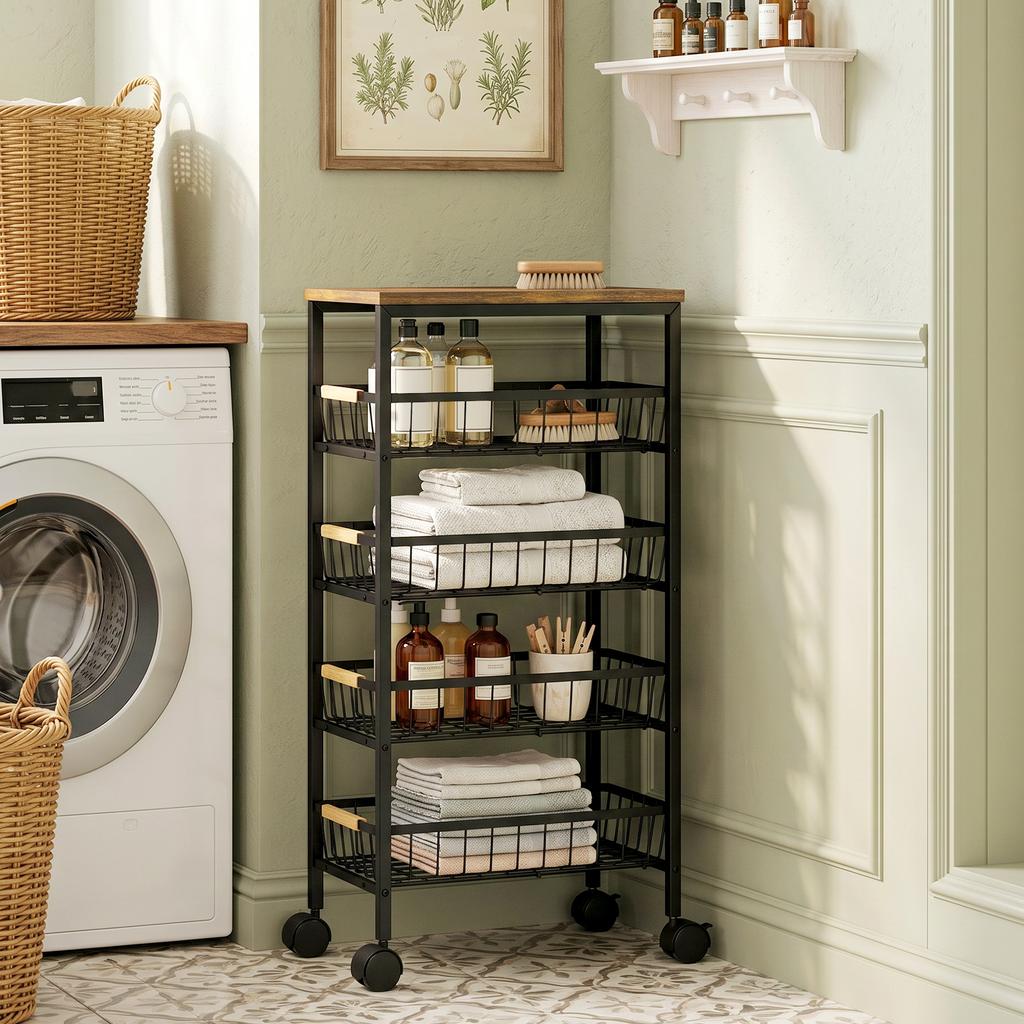 Metal Kitchen Trolley 4 Tier Storage Trolley With Pull Out Baskets And 4 Swivel Casters For Kitchen Rustic Brown