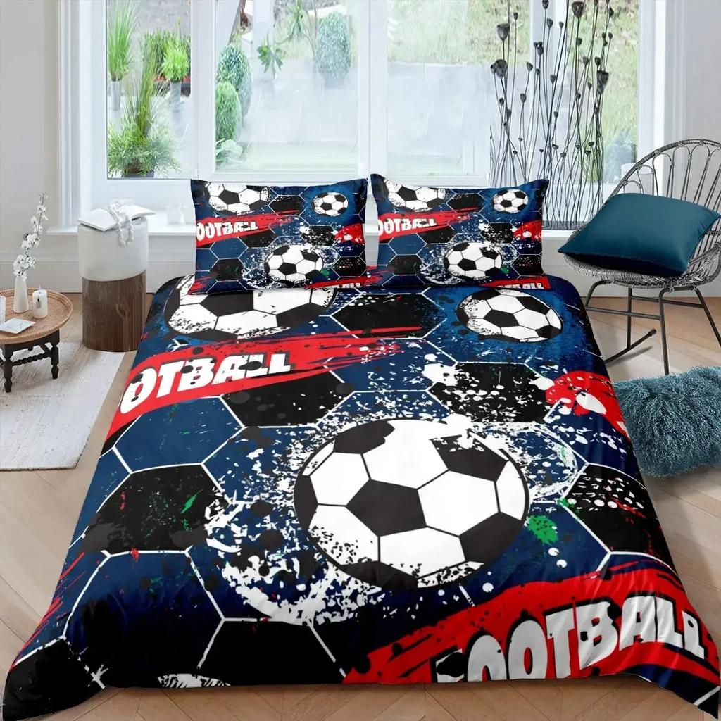 Fußball Bettbezug Set Fußballmuster Sportthema Bettwäsche Set Mikrofaser Bunt Grunge Stil Doppel King Bettdeckenbezug