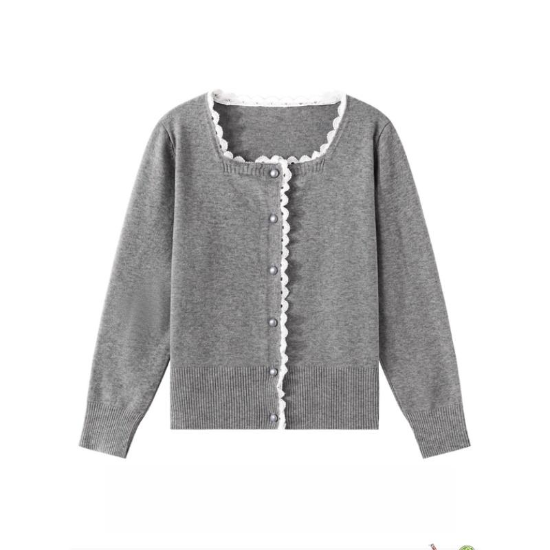 Lace-trimmed Square-neck Long-sleeved Knitted Cardigan for Women's Autumn and Winter, A New Slimming and Form-fitting Sweater