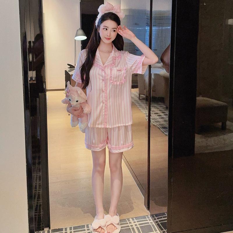 Summer new ice silk pajamas women's short-sleeved shorts sweet Korean version striped printed loungewear suit can be worn outside