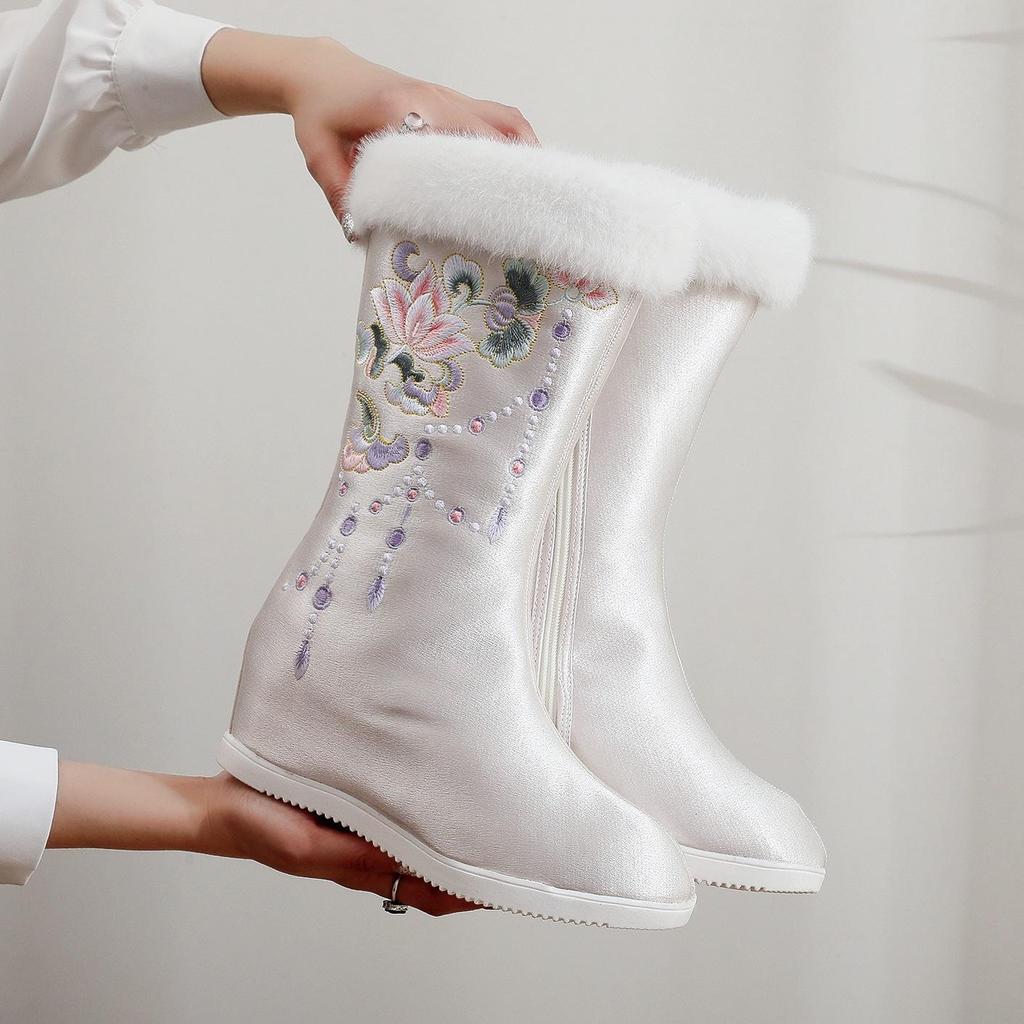 Winter Warm Mid-Calf Boots for Women Anti-Slip Faux Fur Lining Embroidered Snow Booties Women's Fleece Lined Side Zipper Wedge Walking Boots Shoes