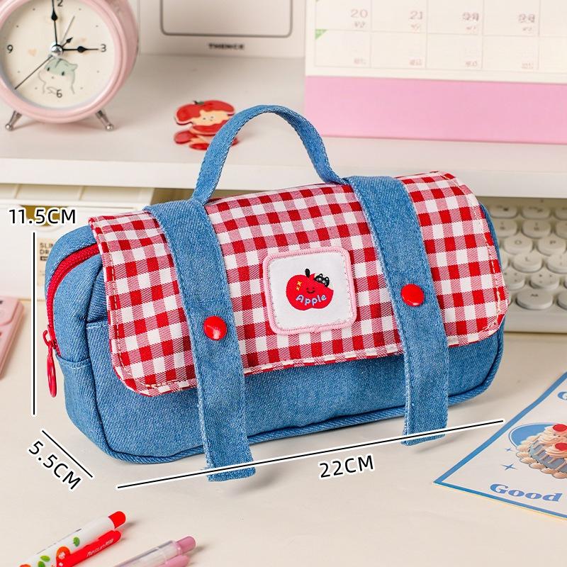

Adorable Bitten Apple Design Pencil Case Sweet American Denim Stationery Organizer with Handle Spacious Pencil Bag for School
