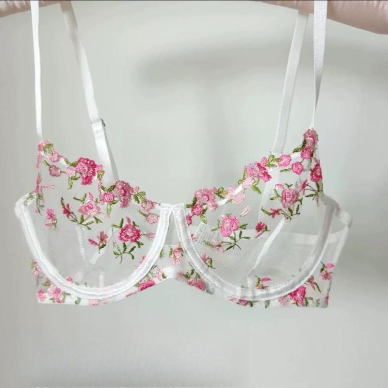 Dámská sexy krajková květinová souprava podprsenky Jednovrstvá podprsenka s kosticemi Tanga Bikini Lingerie Set