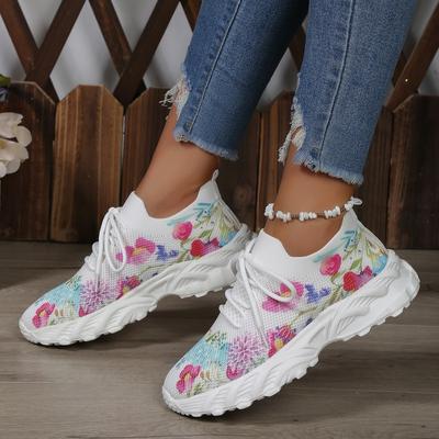 Chaussures décontractées pour femmes, baskets à plateforme respirantes en maille à motif floral, chaussures vulcanisées à lacets, pour la marche en plein air, tailles 35-42, 2024