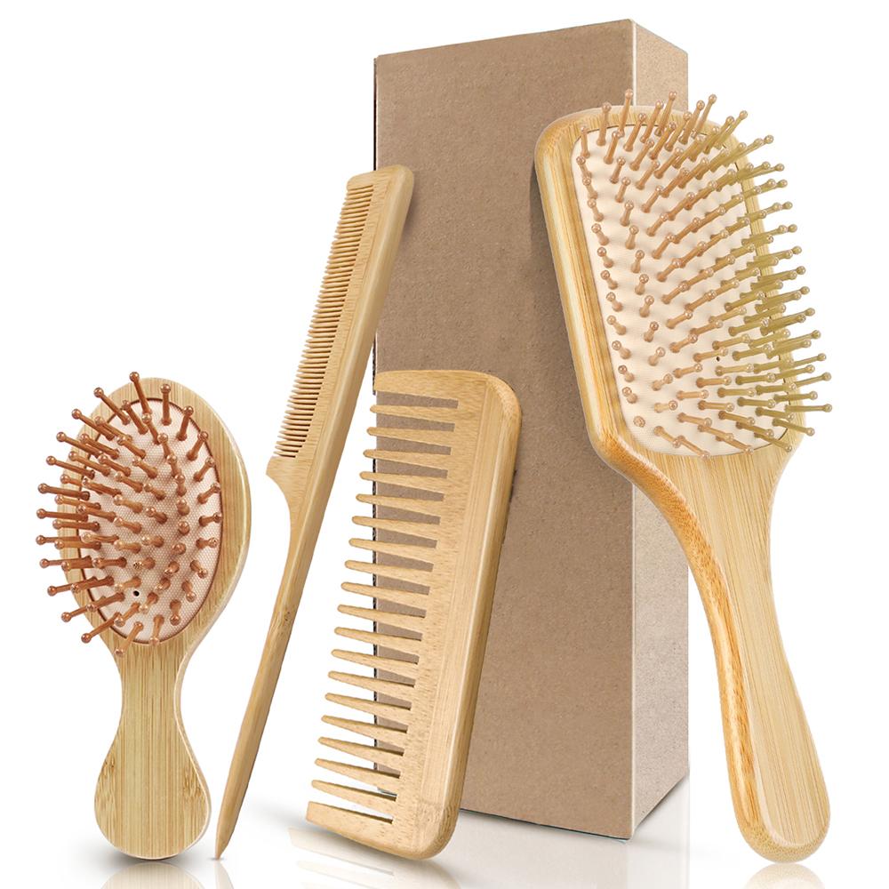 4pcs/Set Bamboo Wooden Hairdressing Comb Air Cushion Comb Wide Tooth Hair Comb Rat Tail Comb Holiday Gift