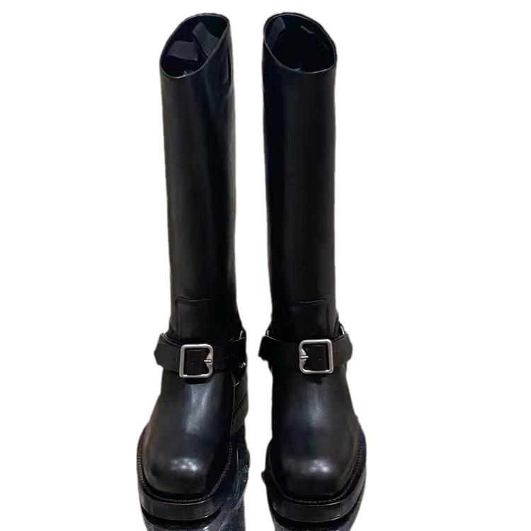 Fashion New Women Thick Heeled Black Boots Pointed Toe Leather Mid Calf Boots Autumn Winter Woman Motorcycle Shoes Buckle Long Boots