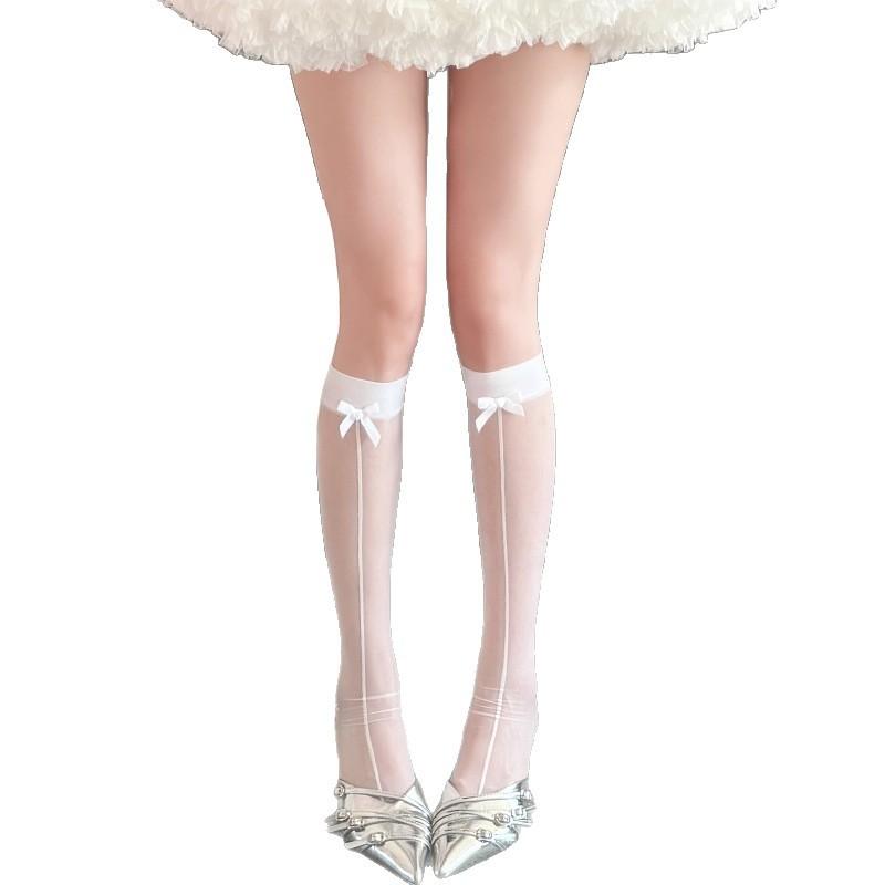 Internet Celebrity Pure Desire Black Silk Bow Shrimp Line Stockings Female Millennial Babes Sexy Stockings Jk White Silk Knee Socks