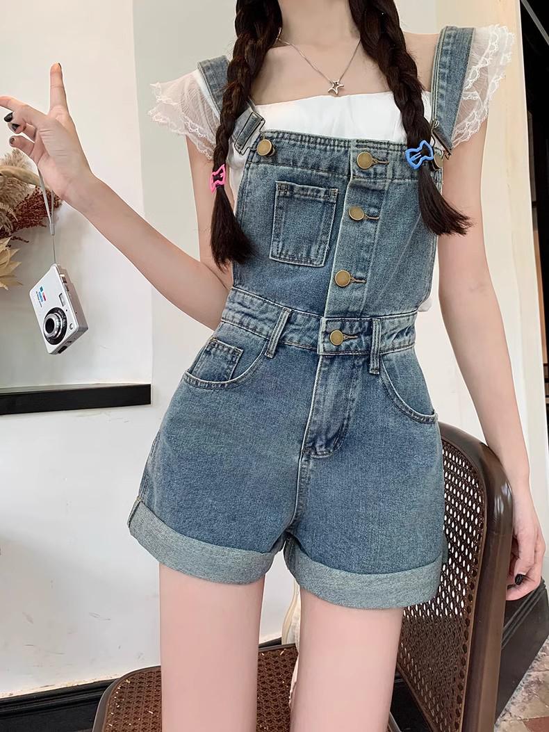 Women s Summer 2025 Slimming Retro Ruffled High Waist Denim Overall Shorts XL синий