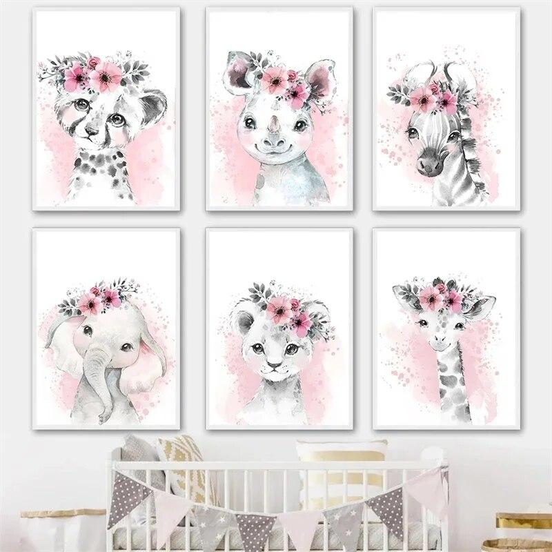 Acquerello Fiore Animale Tela Pittura Asilo Nido Rosa Baby Arte Murale Nordico Poster Stampe Zebra Elefante Giraffa Decor Immagini