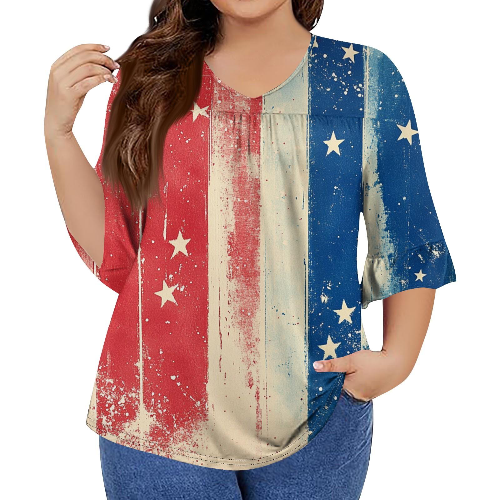 

Женская мода повседневная футболка с V-образным вырезом, рукавами-семью, оборками, принтом «День независимости», топы, женские топы больших размеров XL арбуз красный