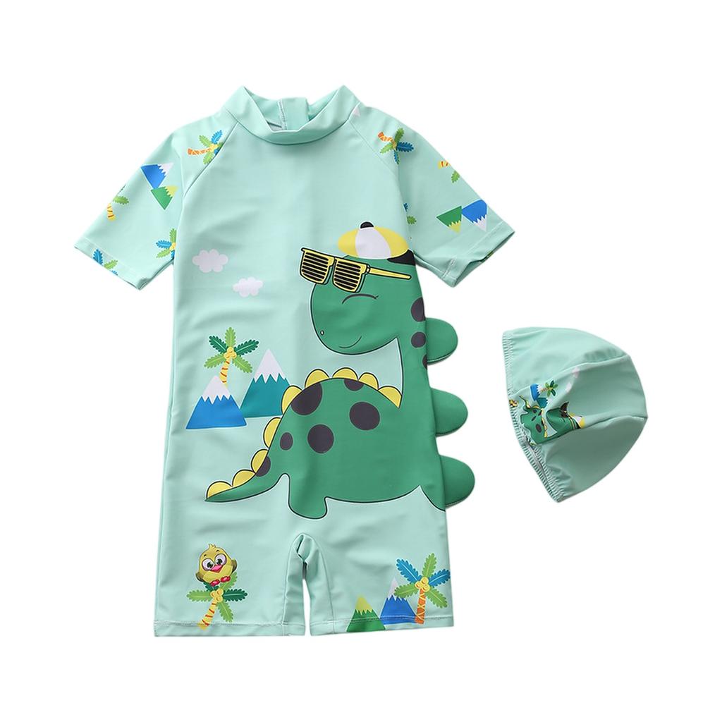 Boys Short Sleeve Hooded One-Piece Swimsuit Cartoon Dinosaur Print Beach Swimwear Summer Kids Swim Shirt with Matching Swim Cap