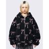 Womens Oversized Hooded Zip-Up Sweatshirt With All-Over Bow Print Faux Sherpa Lining Streetwear Casual Top