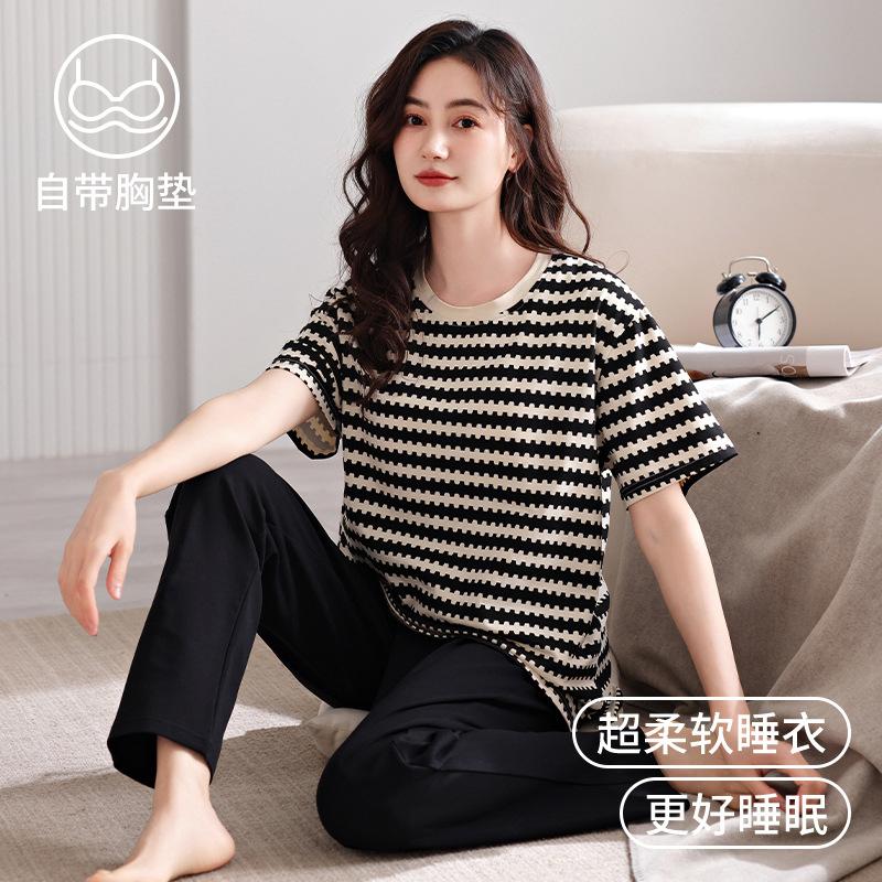 Pajamas Women's Summer Pure Cotton with Chest Pad Short-sleeved Trousers 1011 New Summer Thousand Bird Grid Loungewear Summer Suit