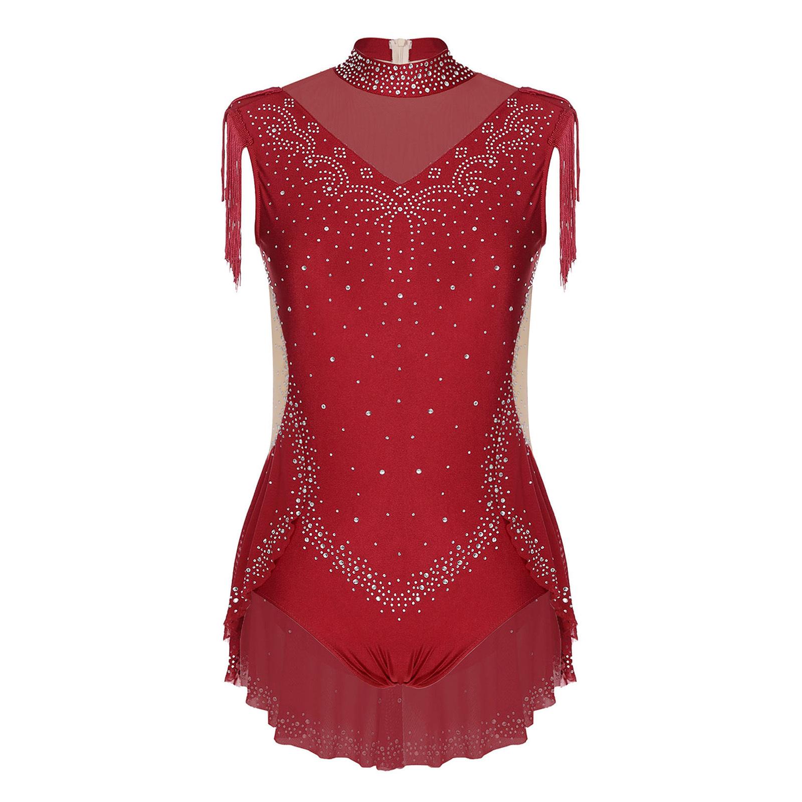 

Дівчачий леотард зі стразами, з коміром-стійкою, без рукавів, з прозорої сітки, спідниця з китицями, потайна блискавка ззаду, танцювальний боді 11-12 Years бордовий