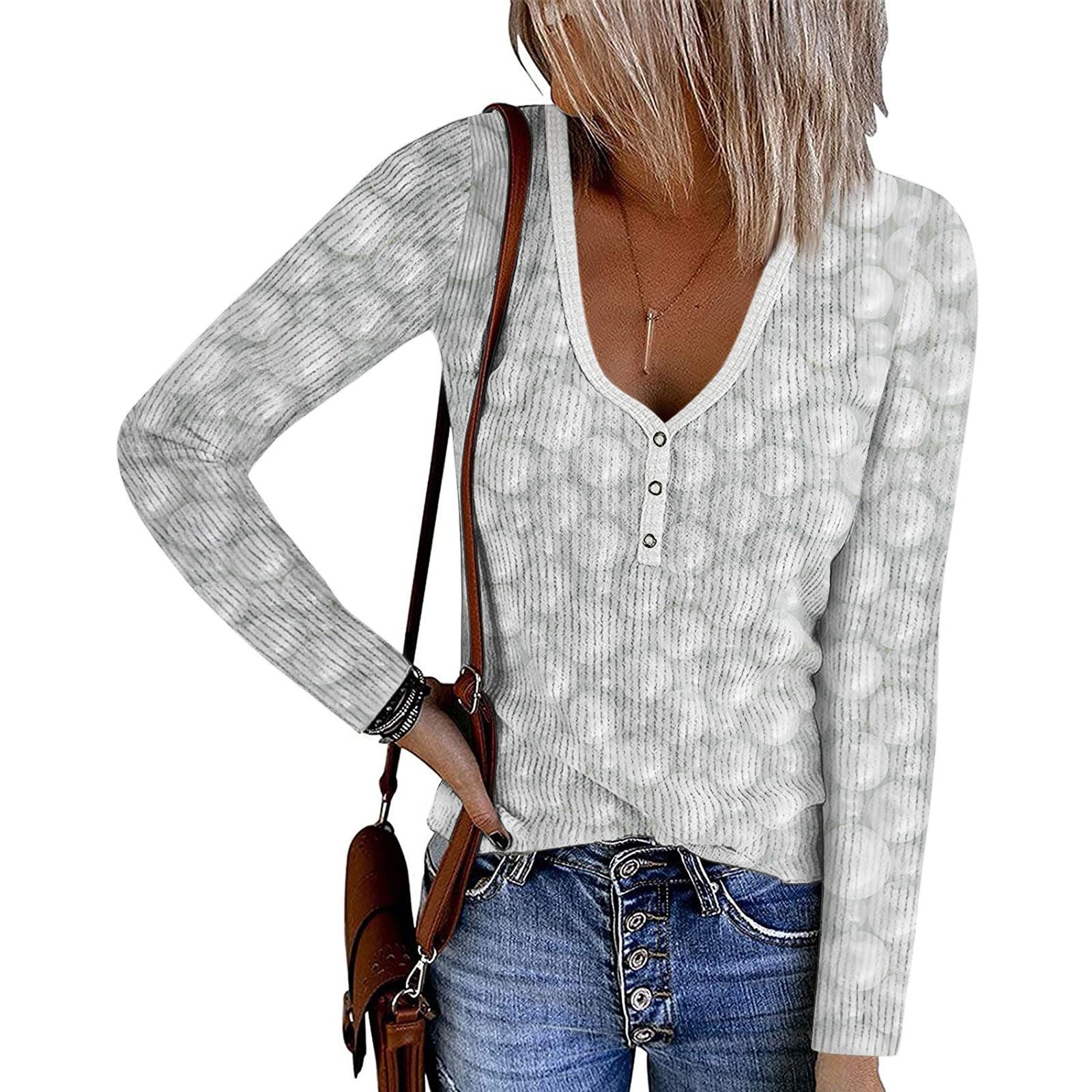 

Ladies Printed Round Neck Button Top Long Sleeve Casual Top Ribbed Knit Tops For Women L