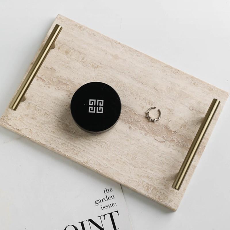 Naturlig Travertin Stenbakke Smykker Kosmetik Display Minimalistisk Boligindretning T-formet Marmor Serveringsfad
