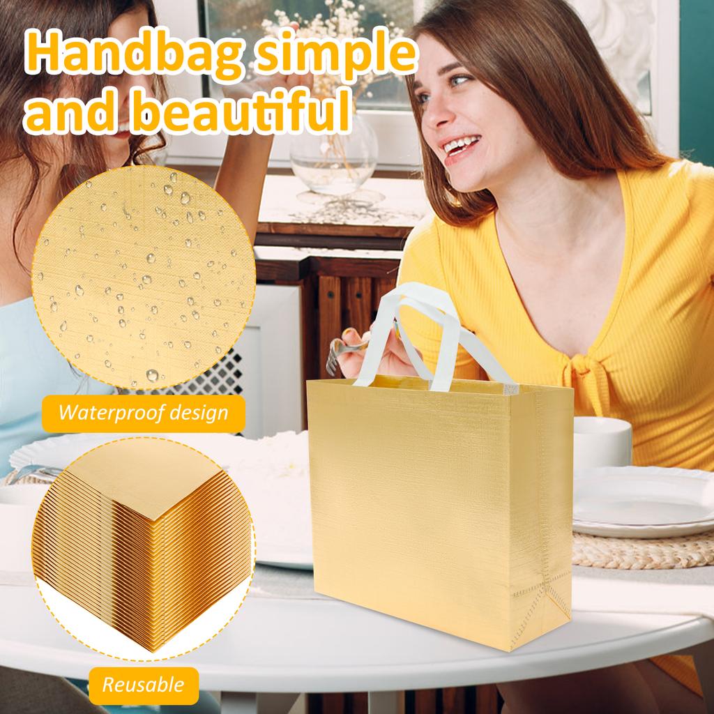 32 Stück Wiederverwendbare Geschenktüten Mehrzweck Wasserdichte Aufbewahrungstasche mit Henkeln Goldene Metallic Glitzernde Taschen für Geburtstags- Hochzeitsfeiern