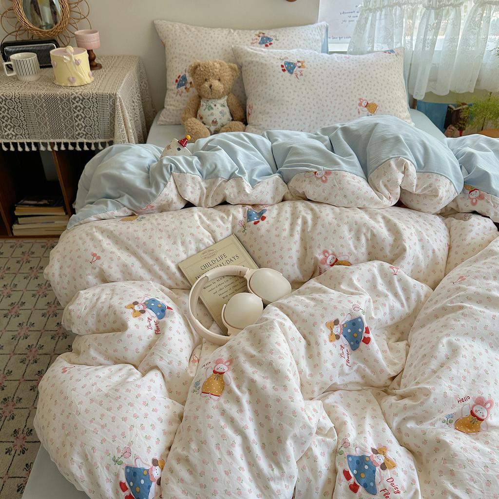 Class A Mother and Baby Grade Pure Washed Cotton Four-piece Set Ins Small Fresh Bed Sheet Quilt Cover Student Dormitory Style Bedding Set