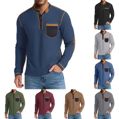 Men's Casual Stand Collar Long Sleeve Shirt Color Block Single Pocket Button T-Shirt Top