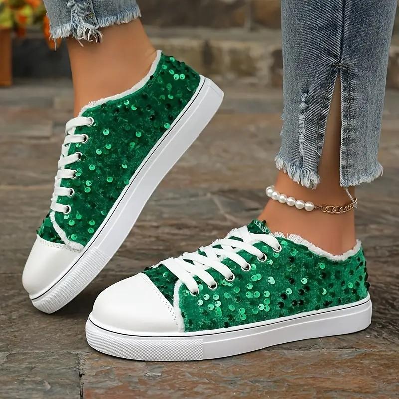 Mode Damen Einzelne Schuhe Übergröße Frühling Herbst Neue Mode Sneakers Runde Spitze Flacher Boden Schnürung Pailletten Freizeitschuhe Größe 36-43