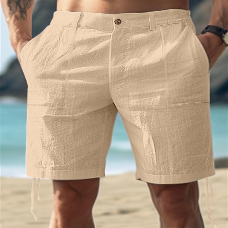 Men's Linen Summer Solid-Colour Buttoned Beachwear Breathable Shorts for Daily Outdoor Wear