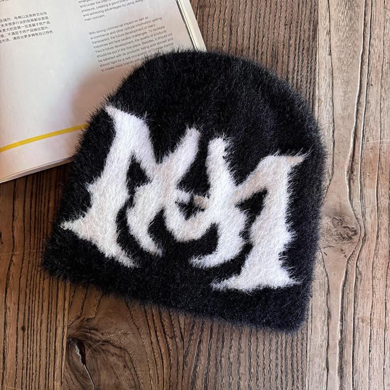 Fashionable Street Style Jacquard Faux Mink Plush Neutral Knitted Hat Winter For