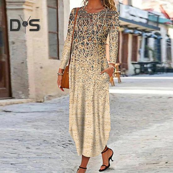 Podzim Jaro Dámské šaty O-výstřih s kapsami Dlouhý rukáv A-linie Tisk Volné Nepravidelný lem Rande Dojíždění Maxi šaty